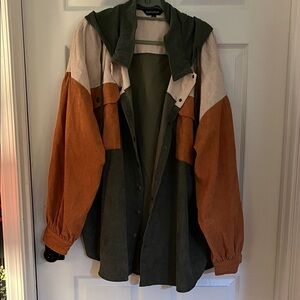 DAVI & DANI Colorblock Corduroy Shirt Jacket in Olive, Rust & Cream